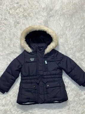 Oshkosh Toddler Size 2T Navy Blue quilted Puffer Jacket Fleece Lined Fur Hooded